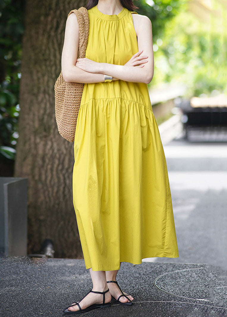 Yellow Pockets Cotton Long Dress Sleeveless
