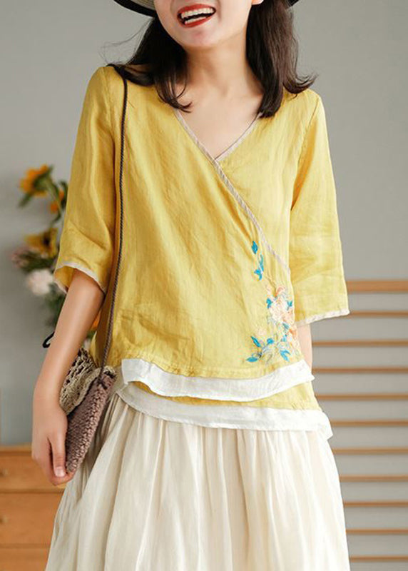 Yellow Embroideried Lace Up Linen T Shirt Half Sleeve