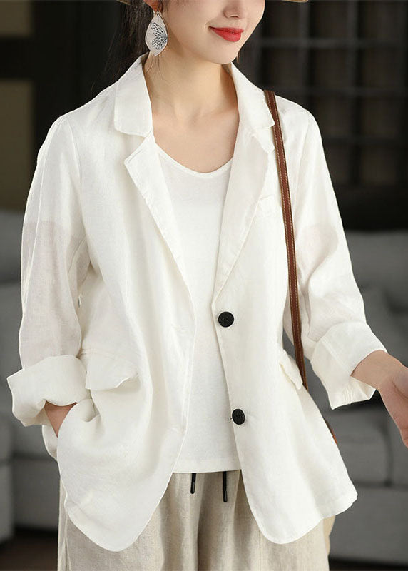 Navy Peter Pan Collar Pockets Linen Coats Long Sleeve
