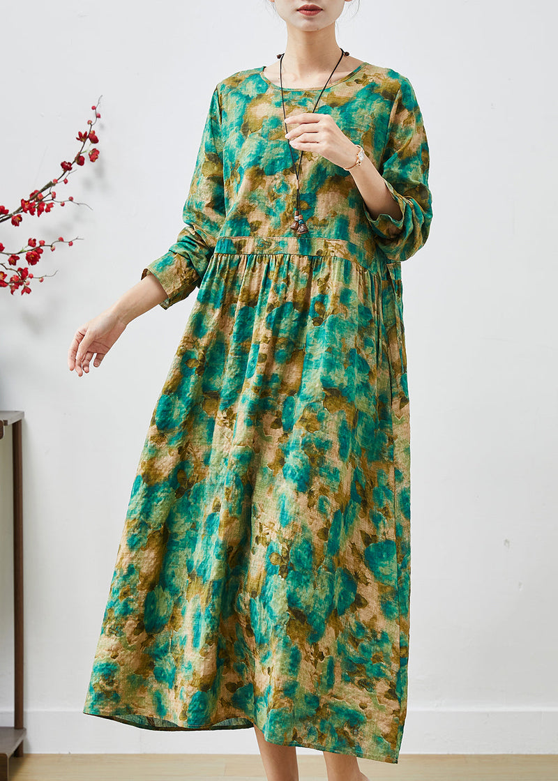 Green Cinched Print Cotton Long Dress Spring