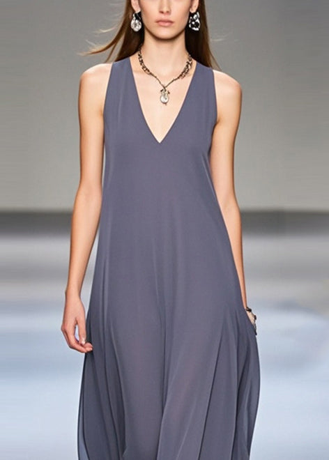 Grey Exra Large Hem Draping Chiffon Long Dresses Sleeveless