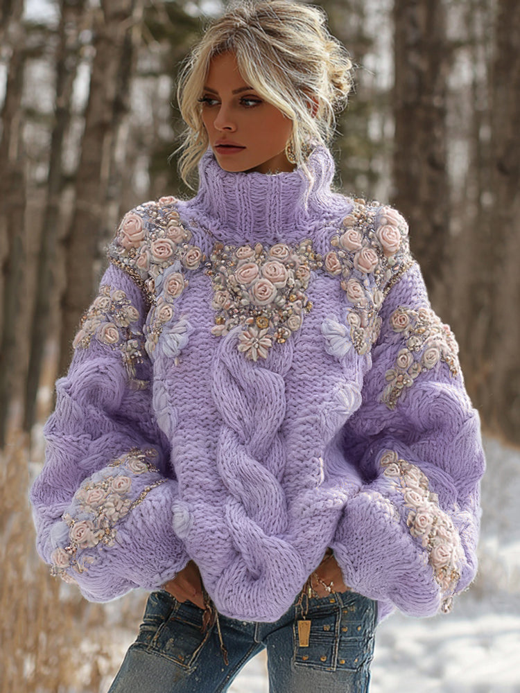 Comstylish Women's Vintage Embroidery Rose Art Knit Cozy High Neck Sweater
