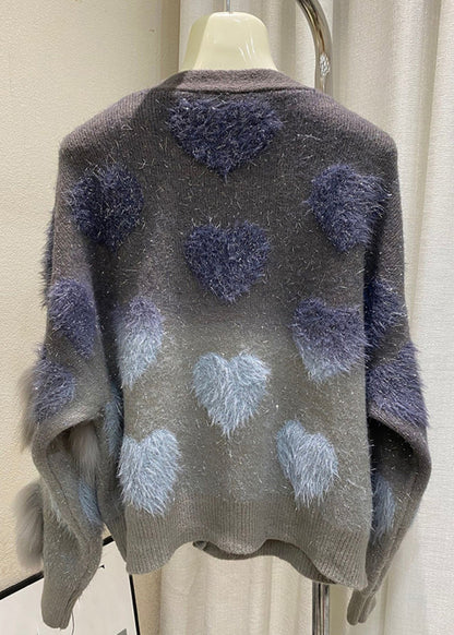 Art Yellow V Neck Patchwork Button Cotton Knit Cardigan Winter