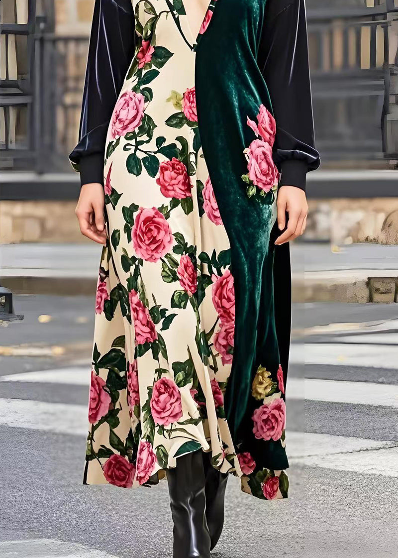 Asymmetrical Patchwork Silk Velvet Maxi Dresses Spring