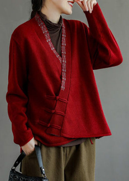 Blue Button V Neck Embroidered Woolen Coats Long Sleeve