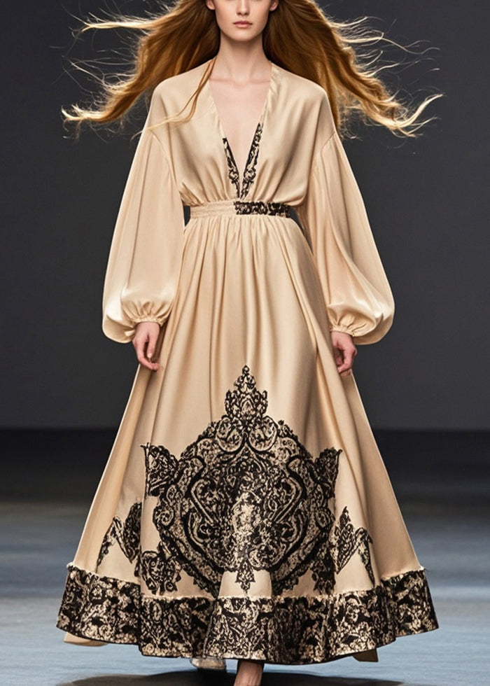 Khaki Deep-v Neck Print Silk Party Dress Fall