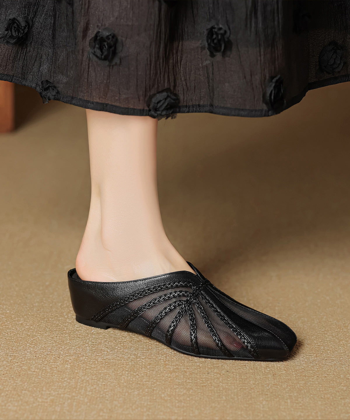 Tulle Splicing Wedge Slide Sandals Gold Cowhide Leather