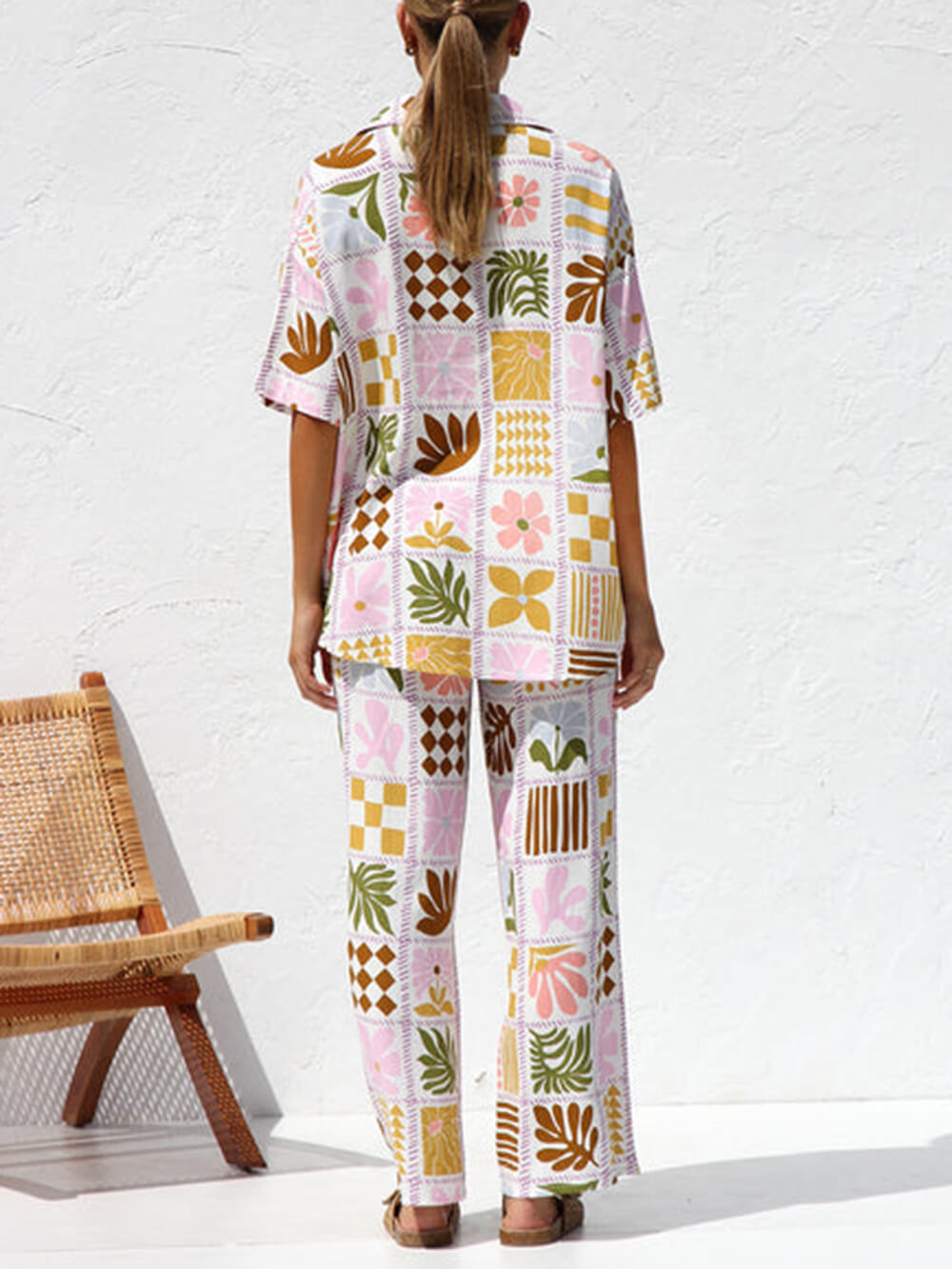 Multicolor Printed Holiday Style Top Wide Leg Pants Suit