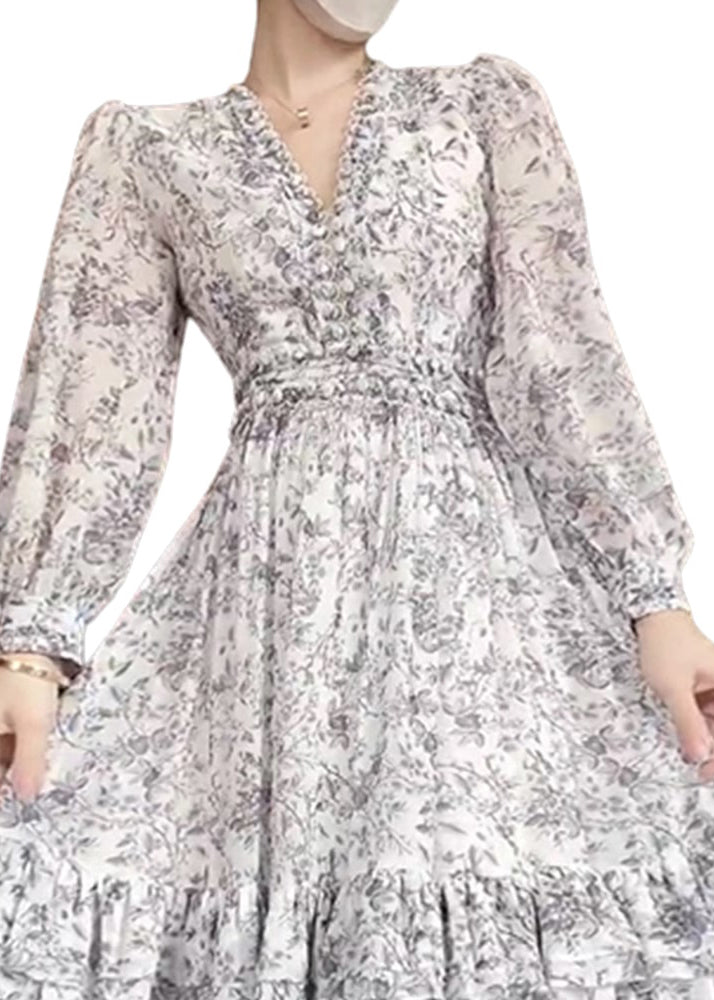 White Ruffled Print Chiffon Dress Long Sleeve