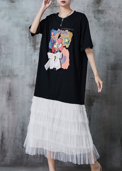 Black Cartoon Bow Patchwork Cotton Maxi Dresses Summer