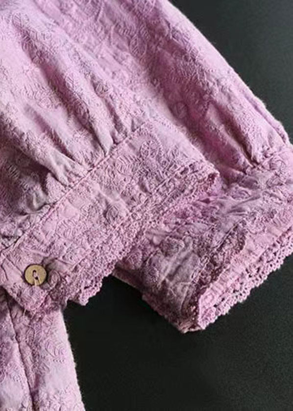 Purple Wrinkled Embroidered Linen Shirts Bracelet Sleeve