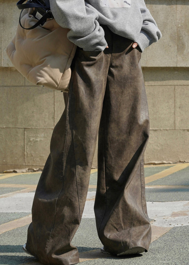 Coffee Pockets High Waist Faux Leather Wide Leg Pants Spring