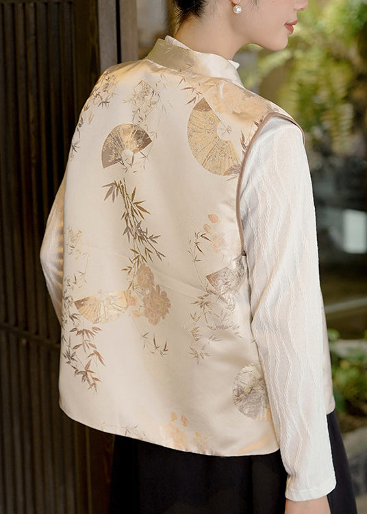 Khaki Stand Collar Jacquard Fine Cotton Filled Silk Vest Sleeveless