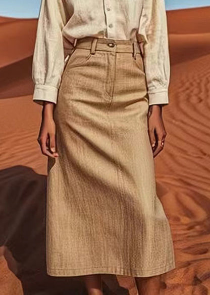 Khaki High Waist Linen a Line Skirts Summer
