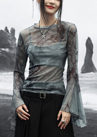 Slim Fit Grey O-neck Print Tulle Tops Flare Sleeve