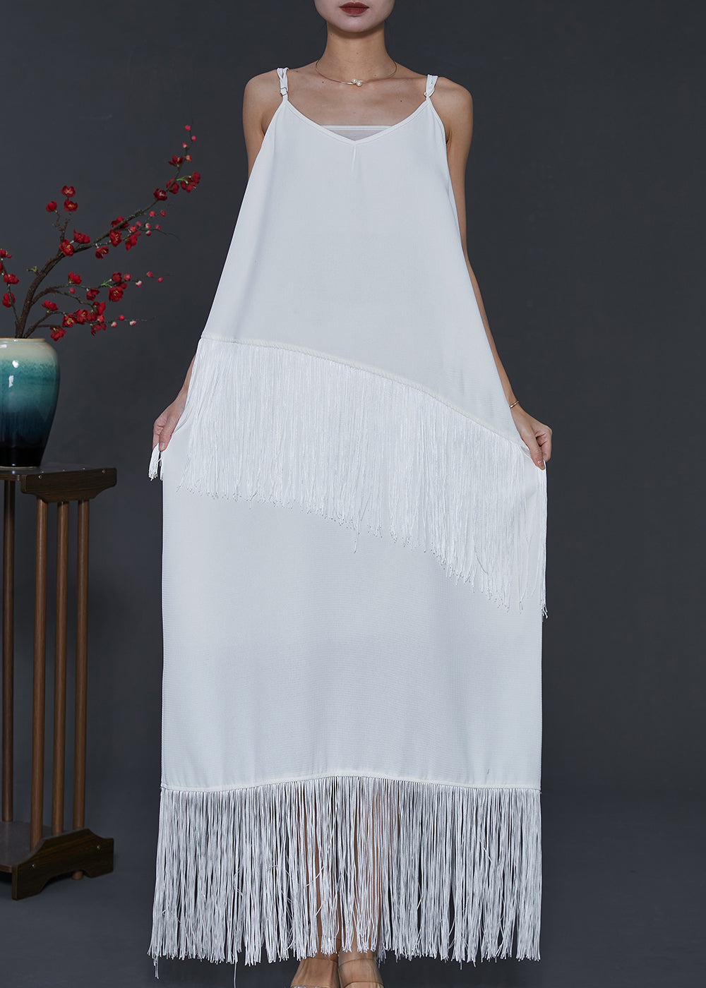 White Tasseled Chiffon Spaghetti Strap Dress Summer