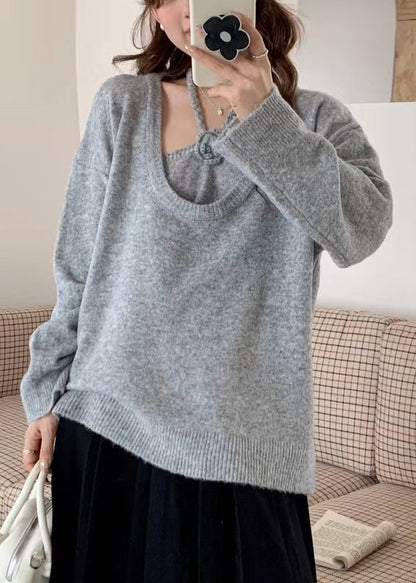 Grey Halter Knit Pullover Two Piece Set Winter