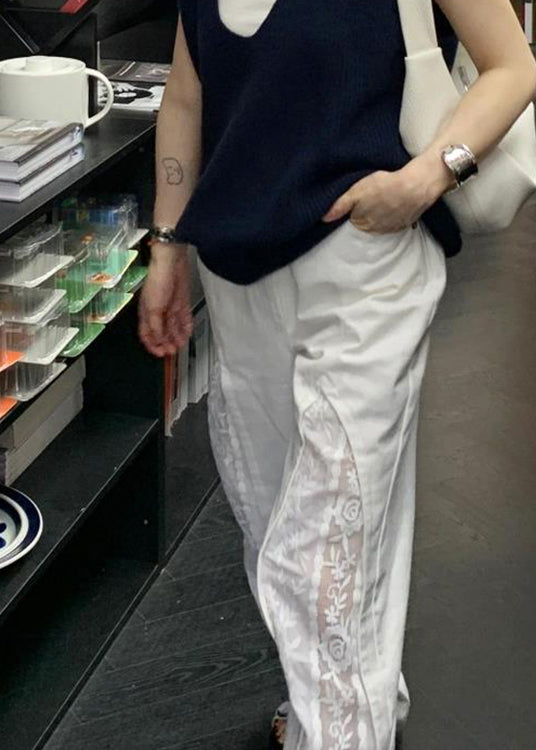 White Pockets Lace Patchwork Cotton Pants Summer