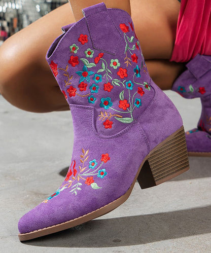 Purple Pointed Embossed Boots Suede Chunky Ankle Boots