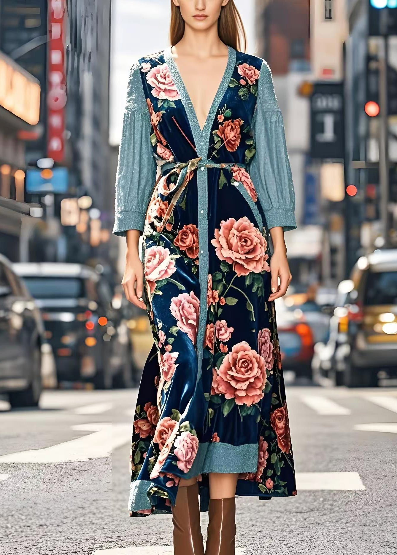 Art Peacock Blue Patchwork Silk Velvet Long Dresses Spring