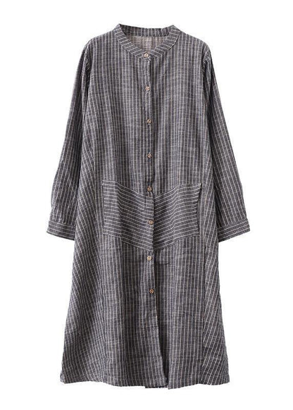Gray Striped Linen Tunics Stand a Line Skirts Art Dresses