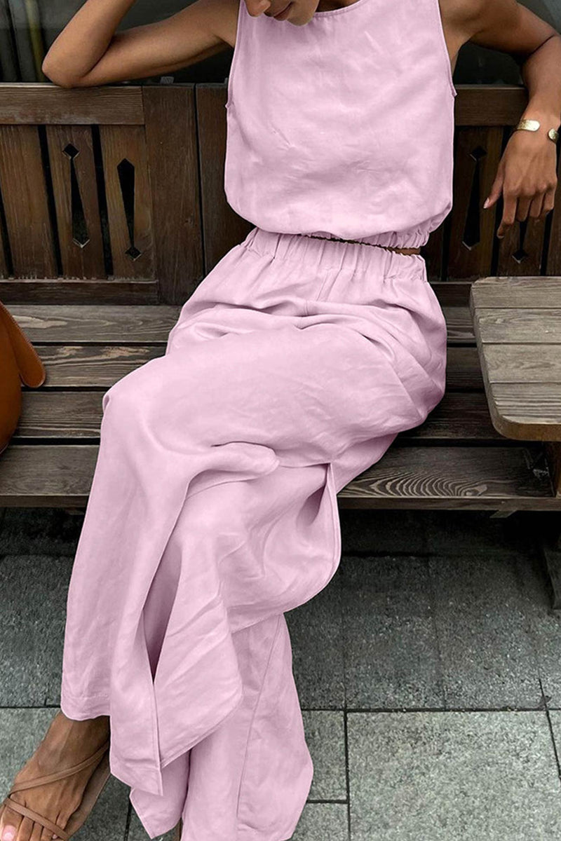 Cotton Linen Tank Top Slit Pants Suits