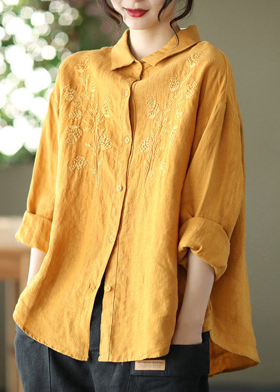 Loose Yellow Peter Pan Collar Embroidered Linen Shirts Long Sleeve