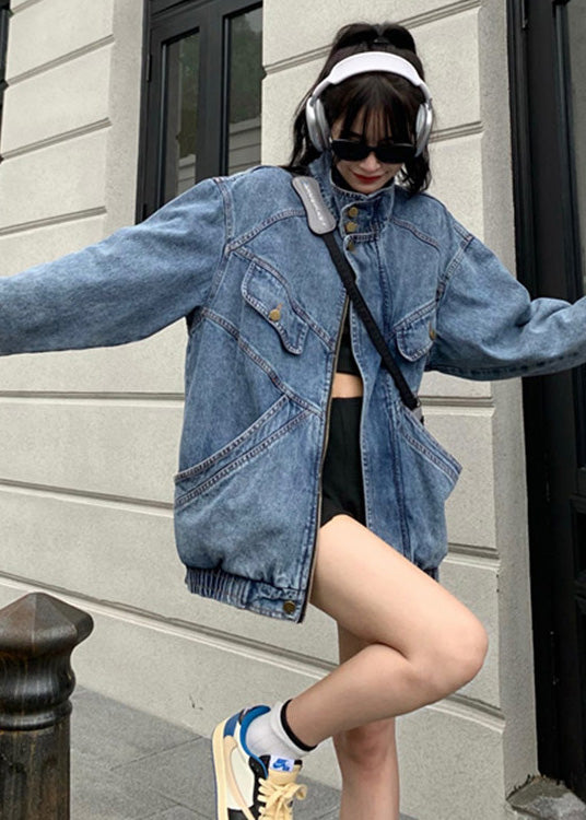 Blue Stand Collar Zip Up Pockets Denim Coat Spring