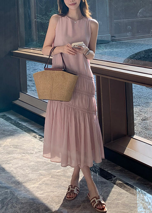 Pink Wrinkled Long Dress Sleeveless