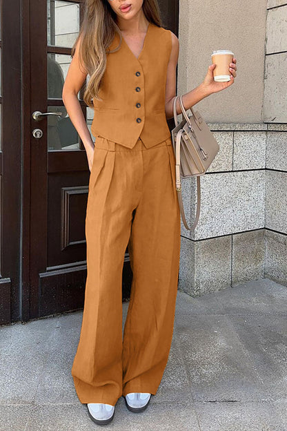 Color Cotton and Linen V-neck Vest Long Pants Set