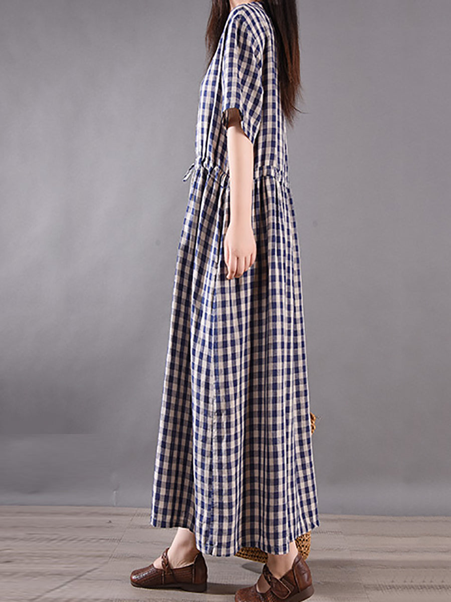 Summer Plaid Strap Linen Cotton Dress