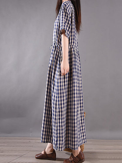 Summer Plaid Strap Linen Cotton Dress
