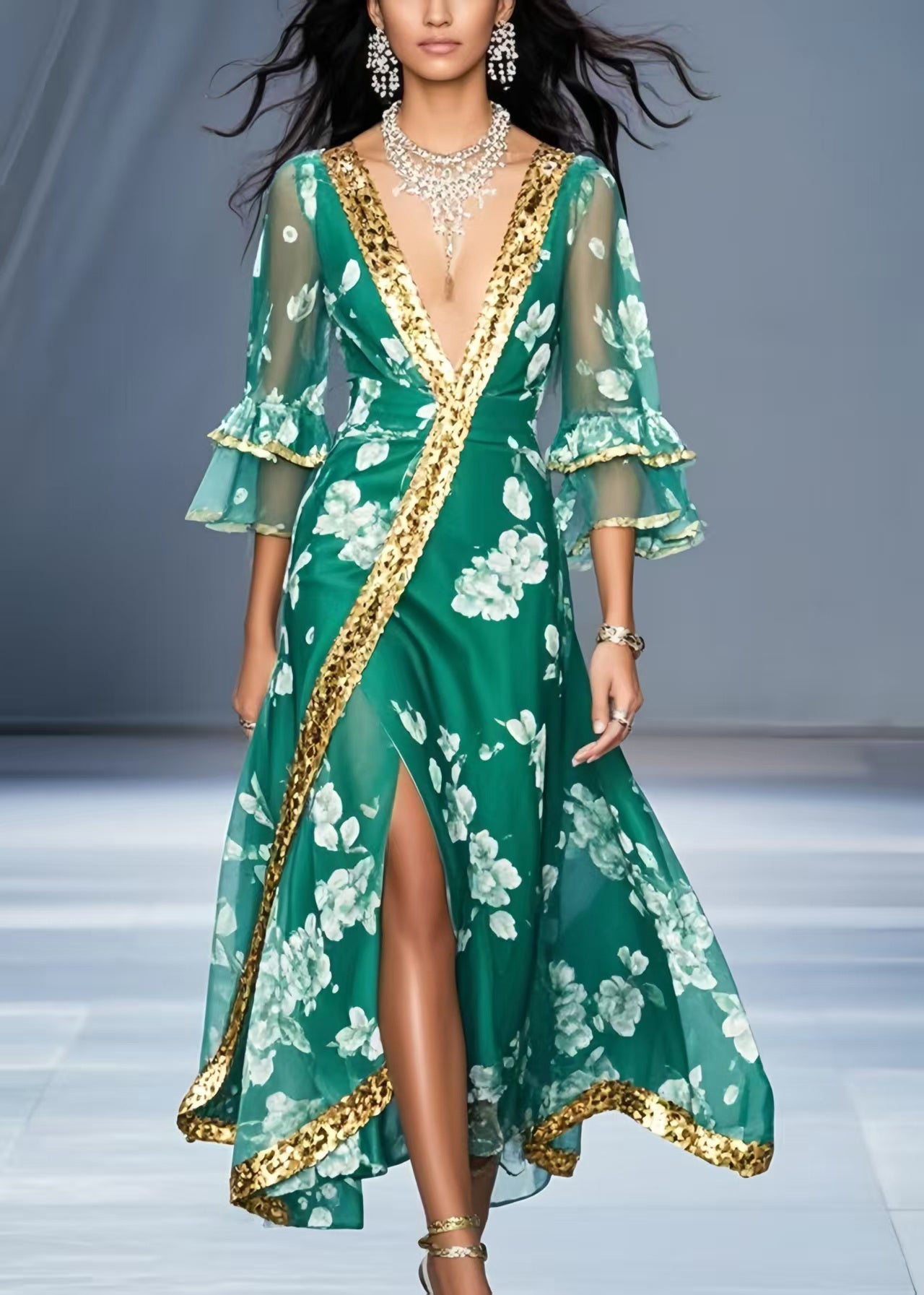 Green V Neck Print Chiffon Holiday Dress Flare Sleeve