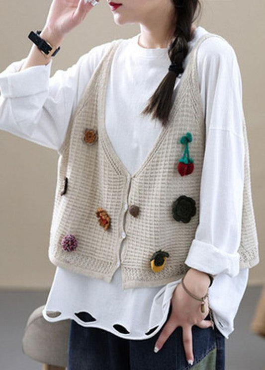 Beige V Neck Fall Button Sleeveless Knit Vest