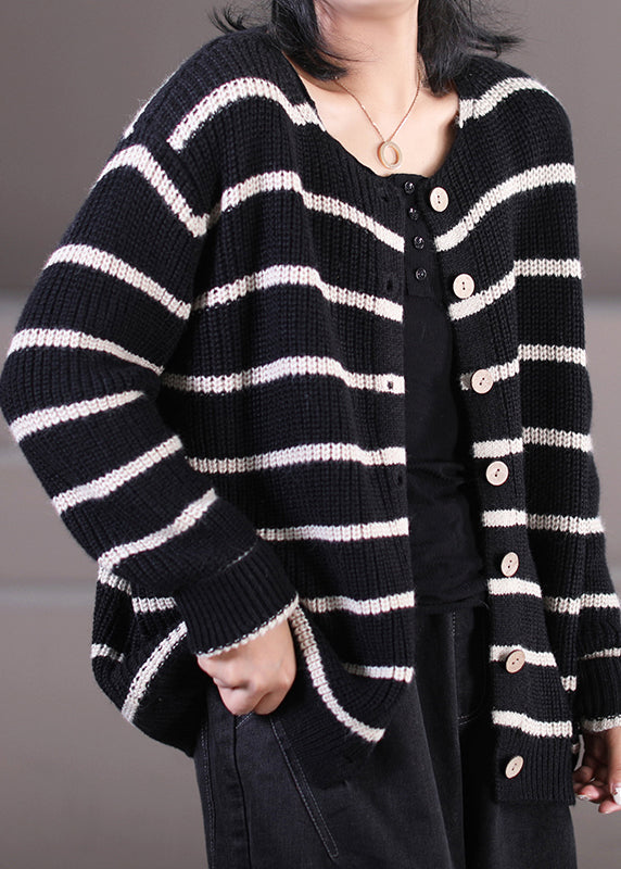 Handmade Black O-neck Striped Button Knit Sweaters Coats Fall