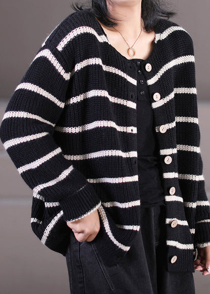 Handmade Black O-neck Striped Button Knit Sweaters Coats Fall
