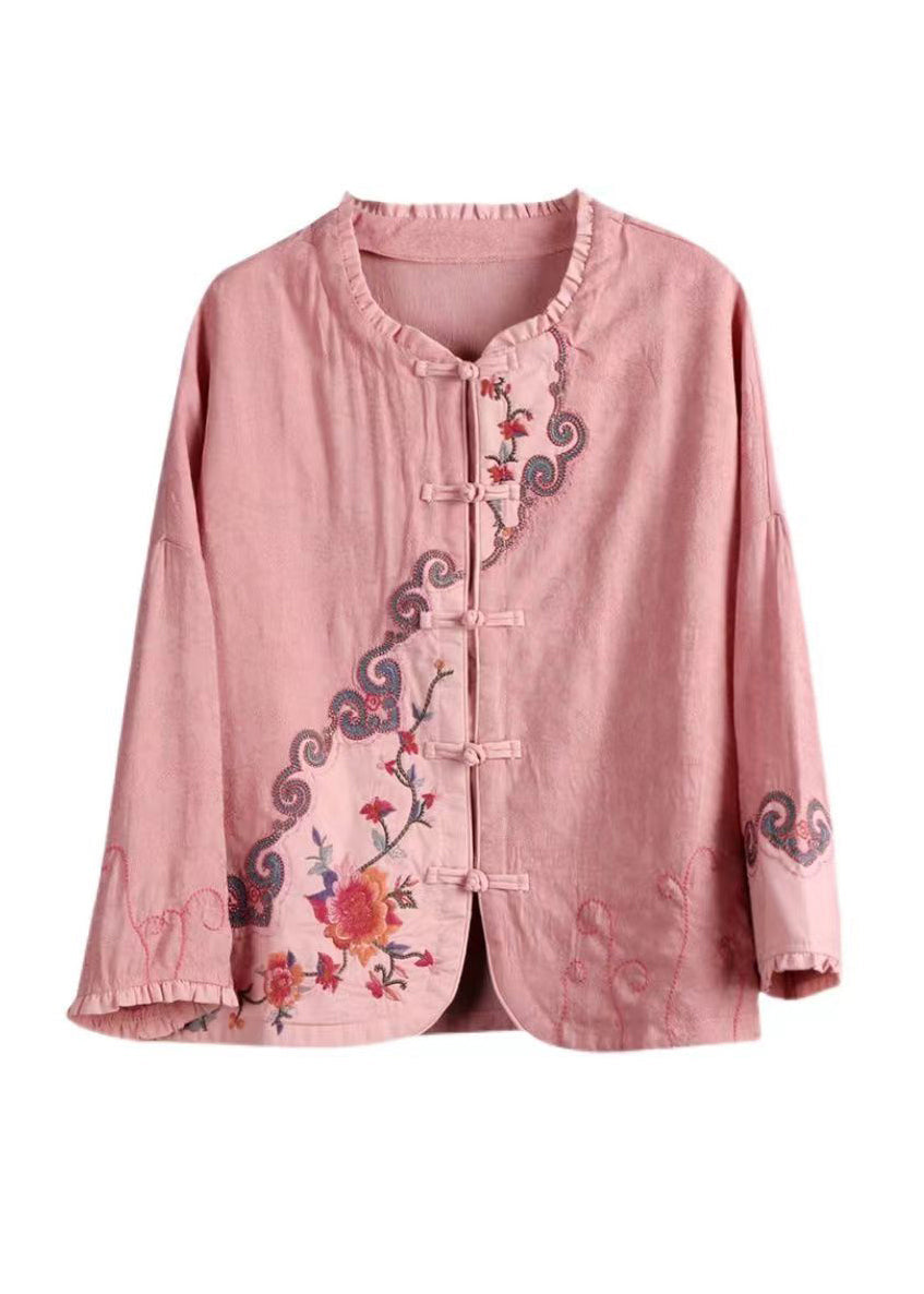 Green Ruffled Embroideried Chinese Button Cotton Coats Spring