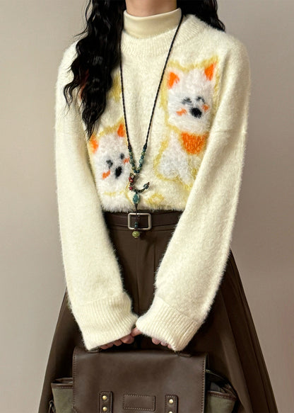 Apricot O-neck Little Dog Cozy Mink Hair Knitted Sweater Winter