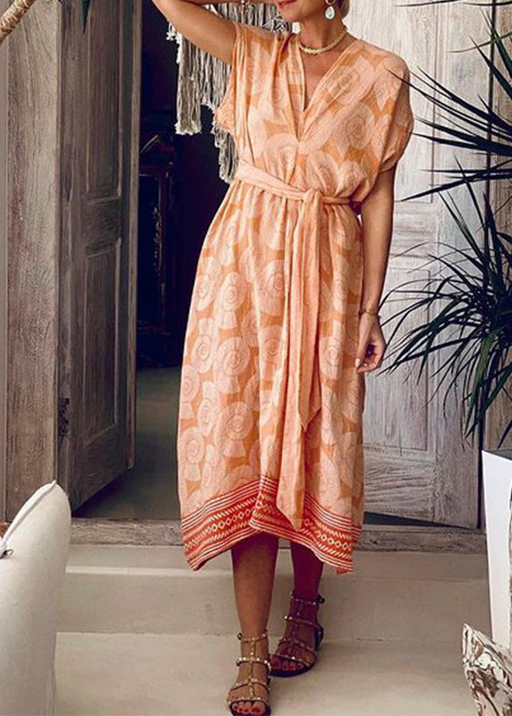Orange V Neck Print Lace Up Cotton Dress Summer