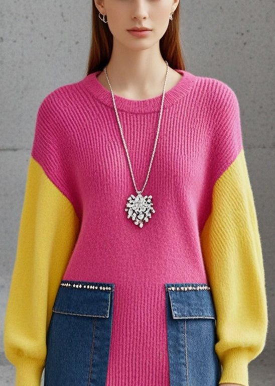Rose Patchwork Denim Sweater Dress O-neck Fall