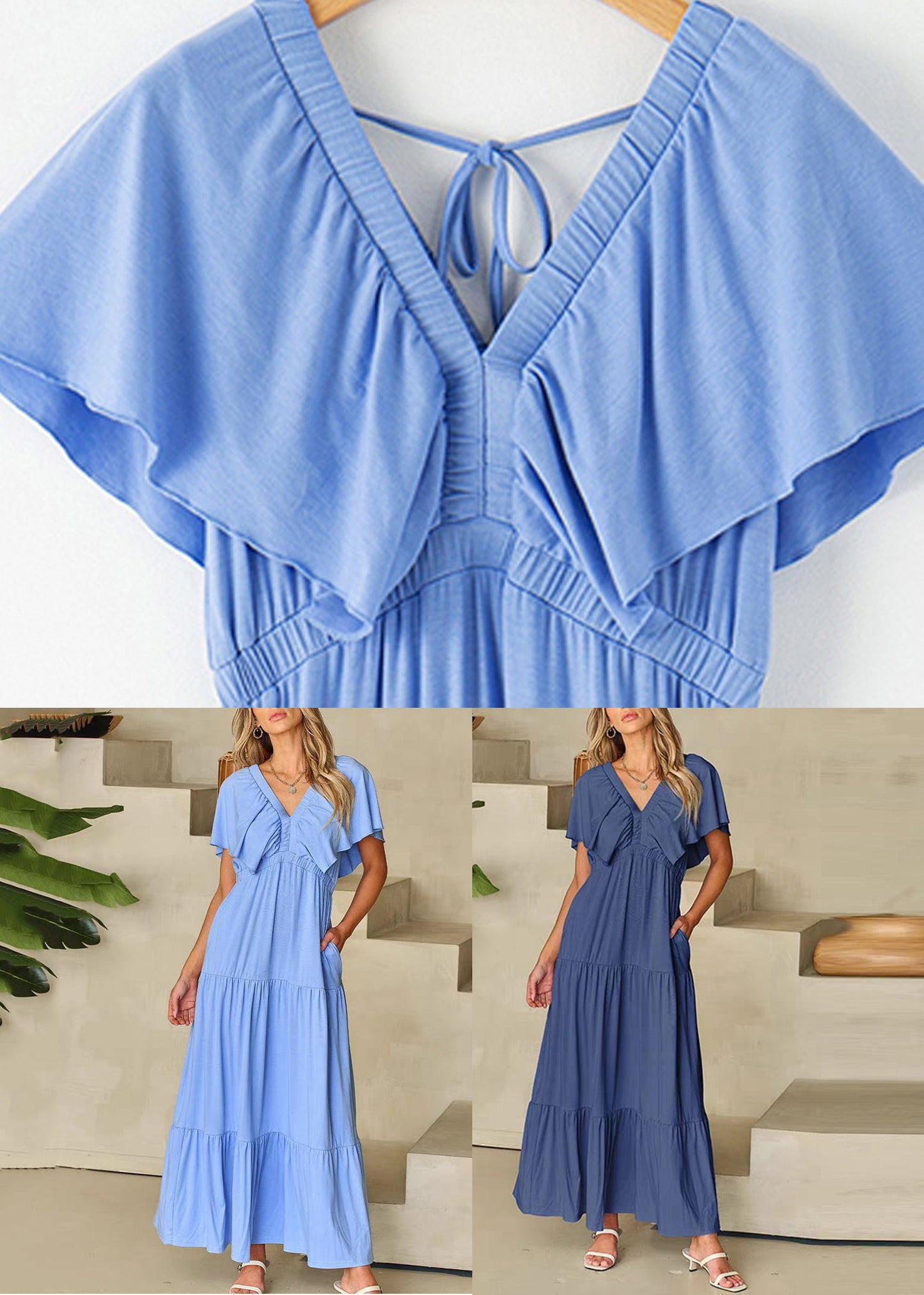 Modern Light Blue V Neck Wrinkled Long Dresses Short Sleeve