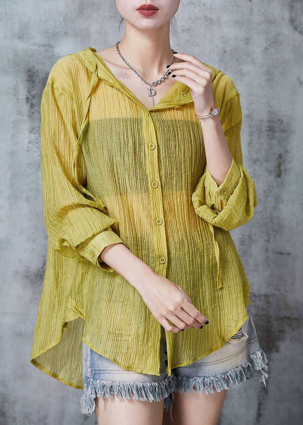 Grass Green Hooded Wrinkled Cotton Blouses Summer