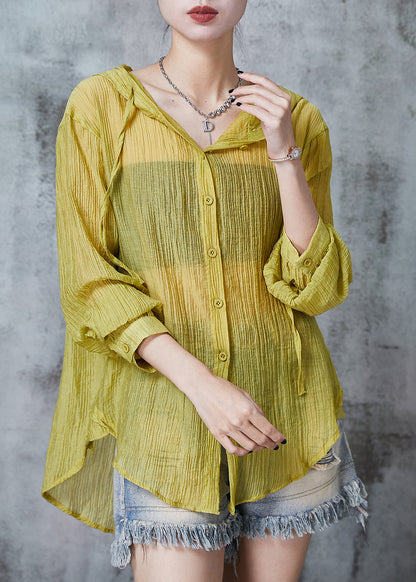 Grass Green Hooded Wrinkled Cotton Blouses Summer