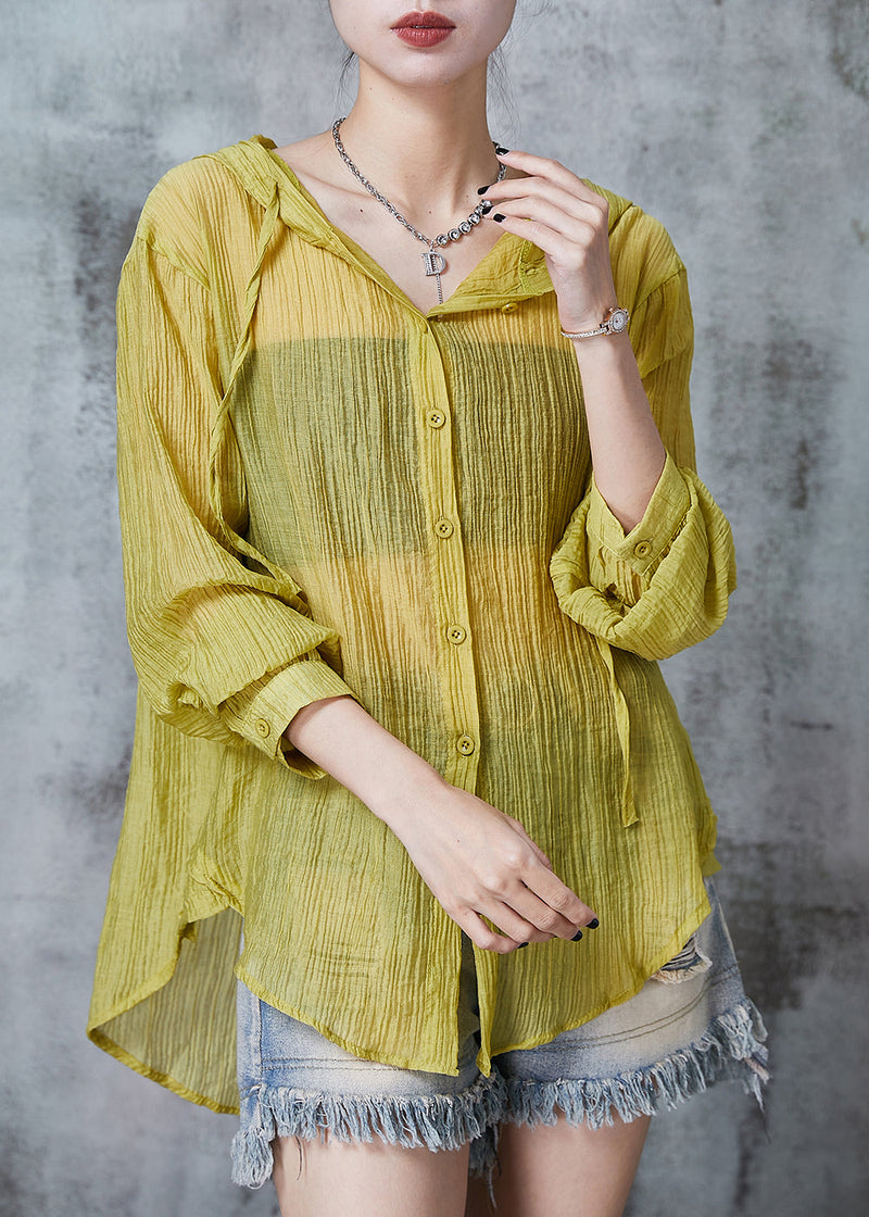 Grass Green Hooded Wrinkled Cotton Blouses Summer