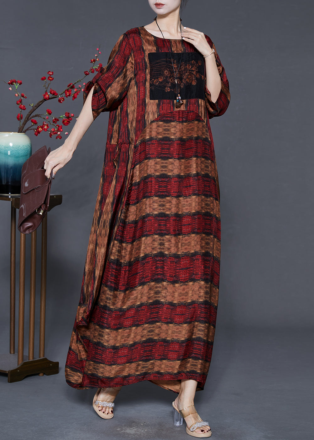 Red Oversized Print Cotton Ankle Dress Spring