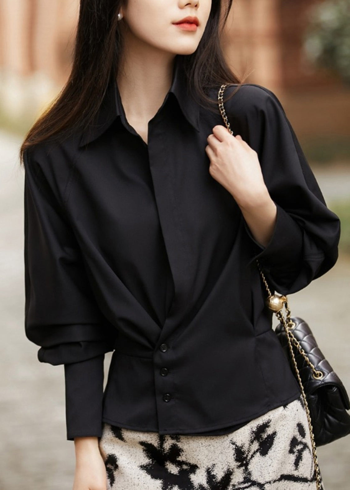 Modern Black Peter Pan Collar Patchwork Shirt Lantern Sleeve
