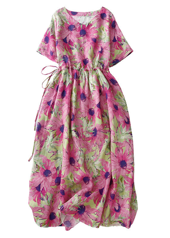 Pink Cinched Print Linen Vacation Dresses Summer