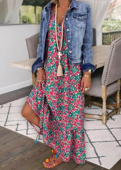 Blue V Neck Print Cotton Spaghetti Strap Dress Summer