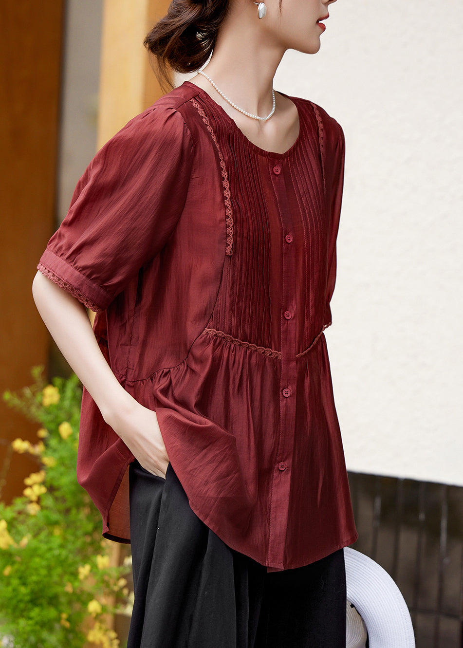 Rust Lace Patchwork Button Silk Shirt Summer