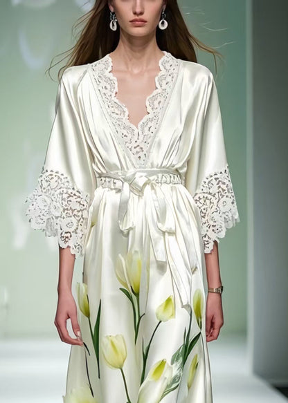 White Print Patchwork Lace Tunic Dress Summer